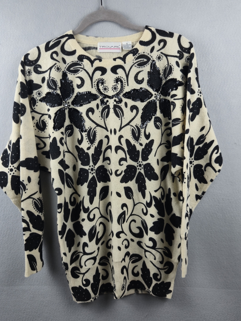 Vintage Trovare Lambswool Sweater Small Cream Black Floral Sequin 80s
